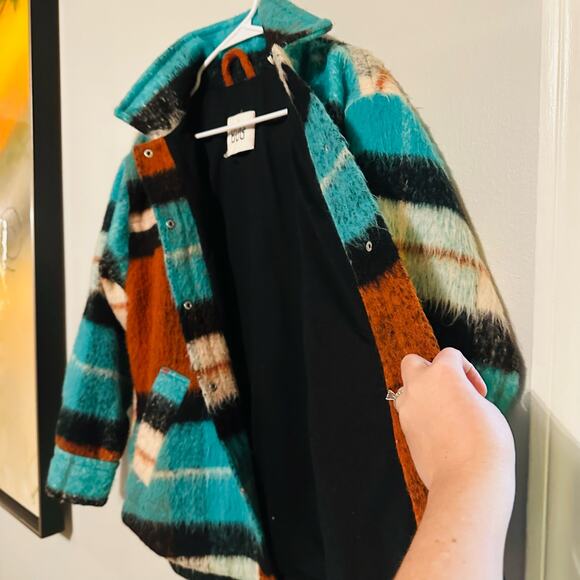 BDG Women's Brushed Fuzzy Wool Blend Oversized Teal Plaid Jacket Size Small - Picture 8 of 14